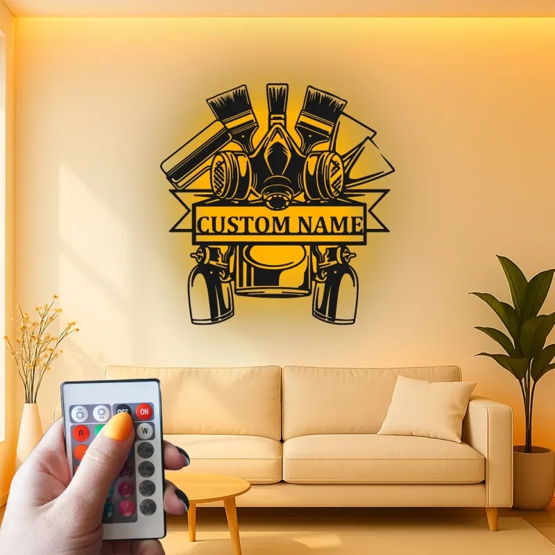 Personalisierte Auto Maler LED Schild | Metall Garage Wandkunst | Geschenk für Mechaniker | Spraydose & Gasmasken Dekor