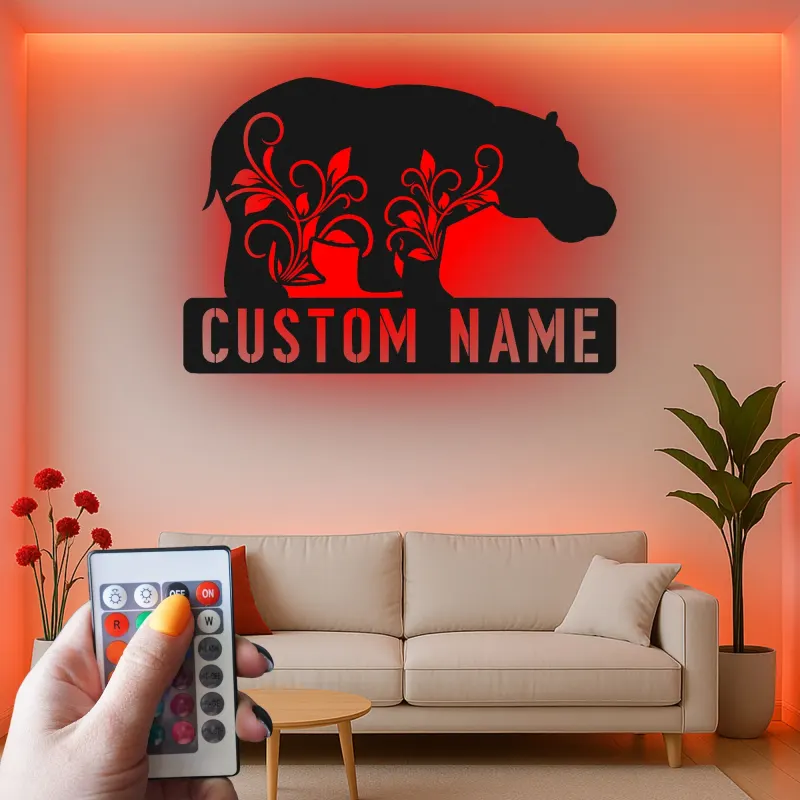 Custom Hippo Metal Wall Art LED Lighted | Personalized Wildlife Decor | Cabin & Rustic Home Accent