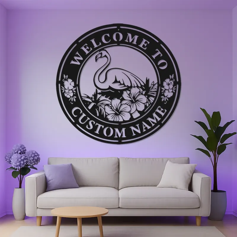 Individuelles Flamingo LED Schild | Personalisierte Metall Wandkunst | Tropische Hibiskus Willkommensdekoration für Terrasse & Außenbereich | Einweihungsgeschenk Idee