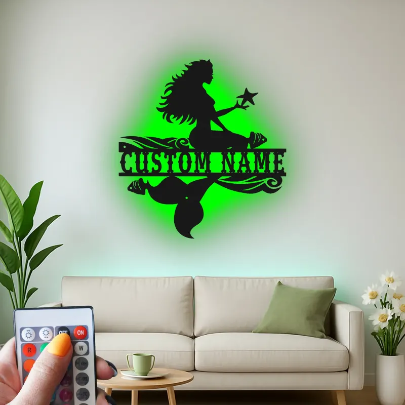 Panneau de sirène personnalisé | Lumière LED personnalisée | Décoration murale en métal pour chambre de fille | Décor de nursery nautique
