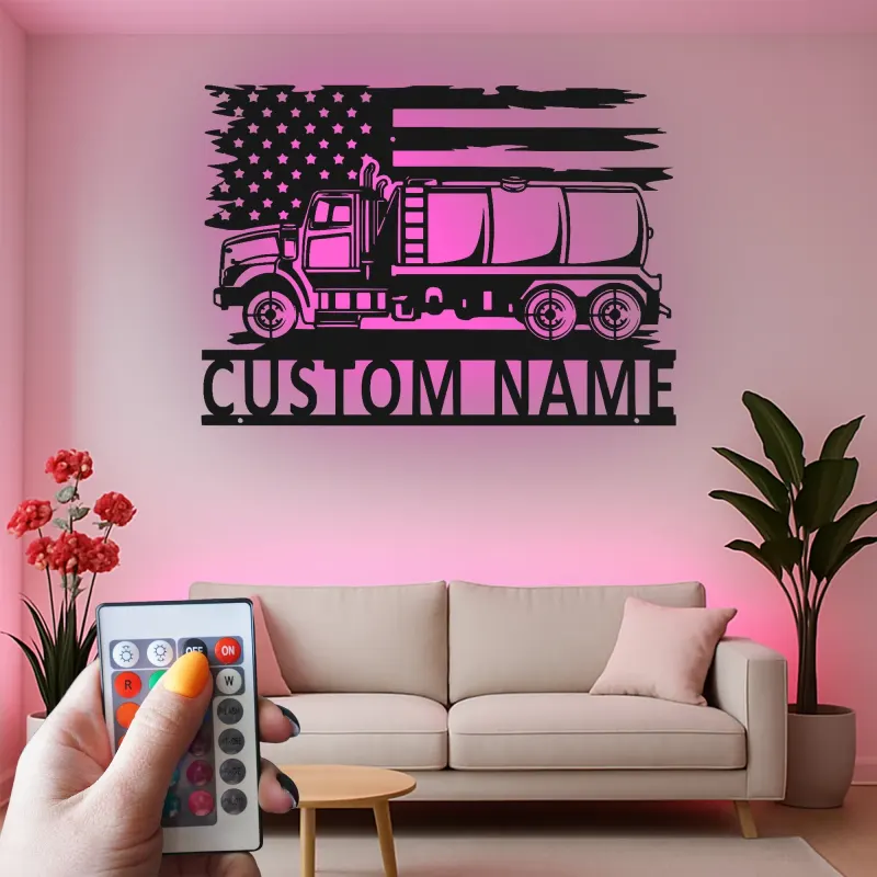 Panneau LED Trucker Personnalisé | Décoration Murale en Métal de Camion Citernes Personnalisée | Décor de Garage Drapeau Américain pour Papa