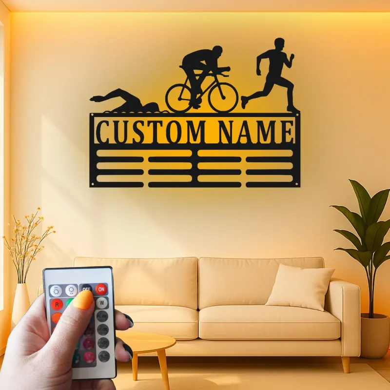 Insegna in metallo personalizzata Triathlon con luce LED regalo personalizzato per atleti decorazione per home gym per triatleti