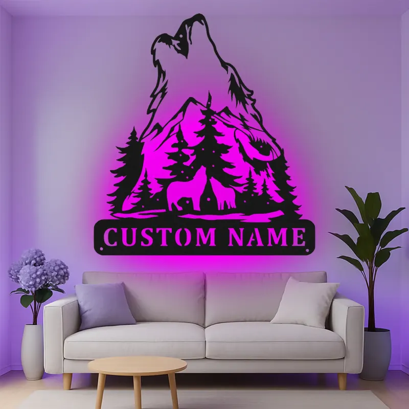 Custom Howling Wolf Led Light Metal Wall Art Personalized Gift for Nature Lovers Cabin Decor