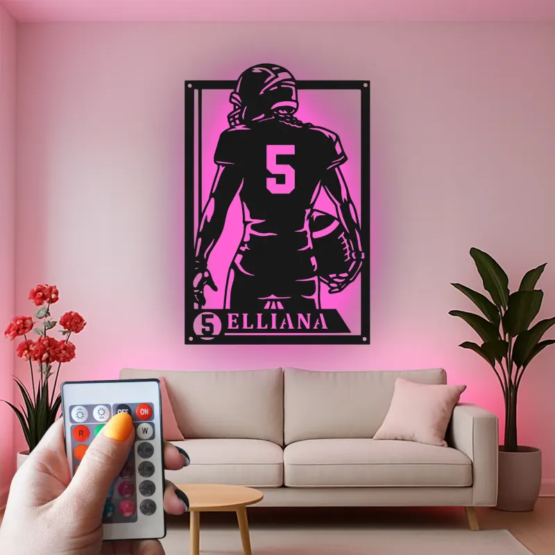 Personalized Football Player Metal Wall Art | Custom LED Sign with Name & Number | Teen Room Decor | Athlete Gift