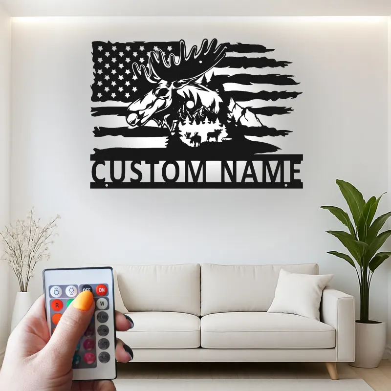 Custom Moose and American Flag Led Light Metal Wall Art Unique Gift for Nature Lovers Cabin Wall Decor