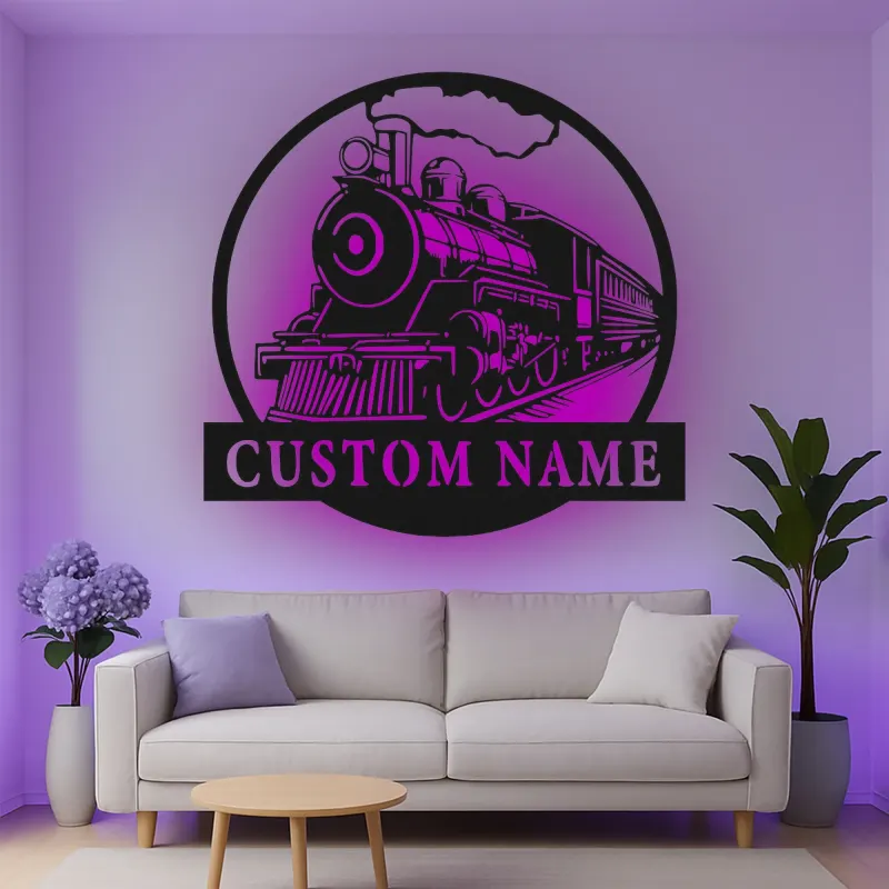 Décoration murale en métal personnalisée de train à vapeur avec rétroéclairage LED - Cadeau pour passionnés de trains, décoration pour man cave ou bureau