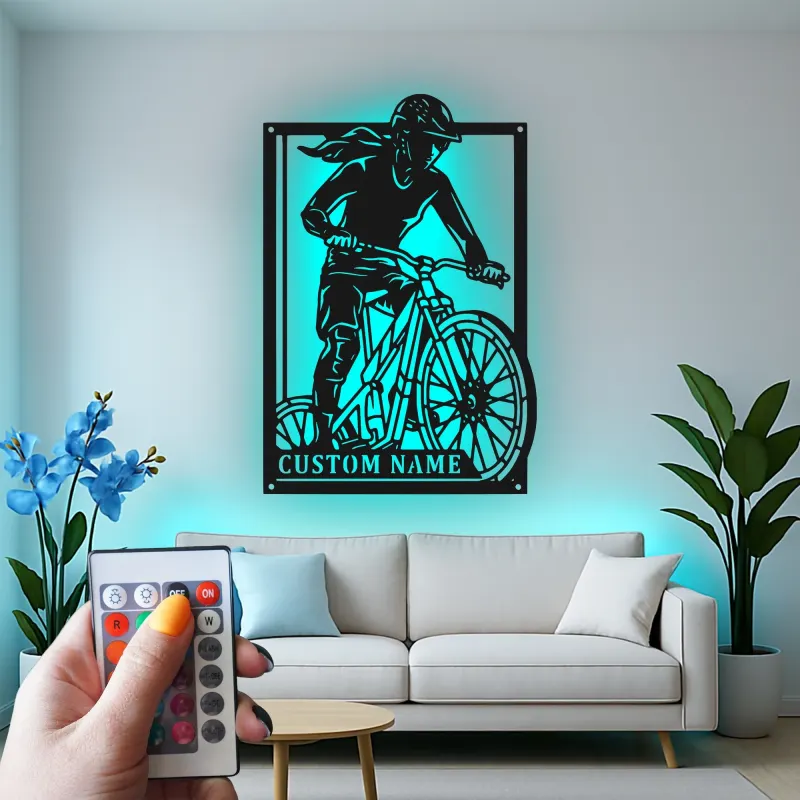 Custom Cyclist Led Light Metal Wall Art Personalized Gift for Biking Enthusiasts Garage or Man Cave Decor