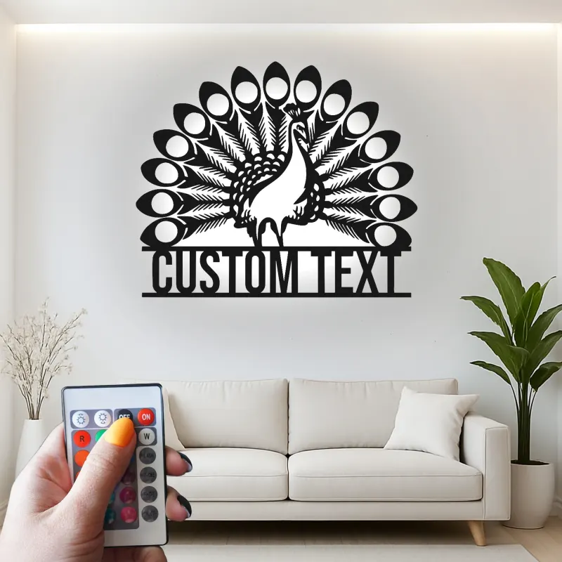 Cartel de metal personalizado con luz LED de pavo real, regalo para decoración del hogar, acento para salón o dormitorio