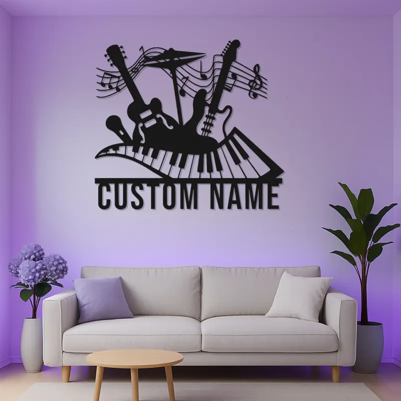 Insegna LED personalizzata con chitarra e pianoforte | Arte in metallo con note musicali | Decorazione con nome per studio musicale