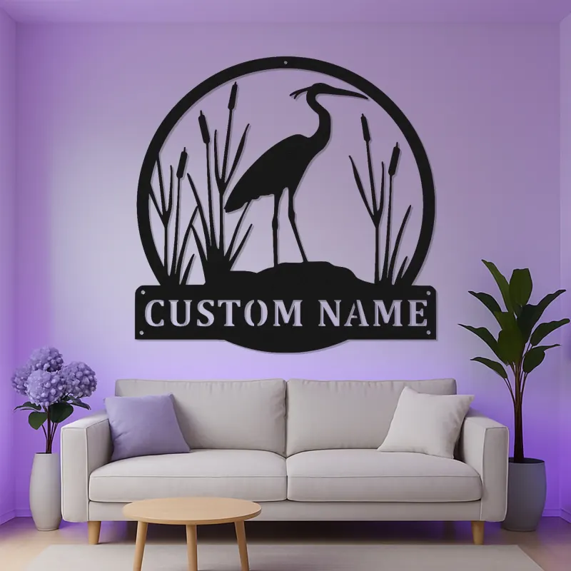 Insegna in metallo personalizzata con Airone e luci LED | Arte murale di fauna selvatica personalizzata | Decorazione per patio esterno per casa al lago | Regalo per amanti degli uccelli