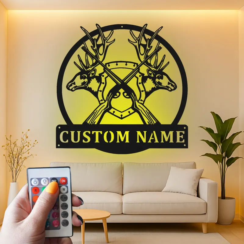 Décoration murale en métal personnalisée avec éclairage LED en forme de bois de cerf - Cadeau personnalisé pour chasseur - Décor de cabane ou de lodge