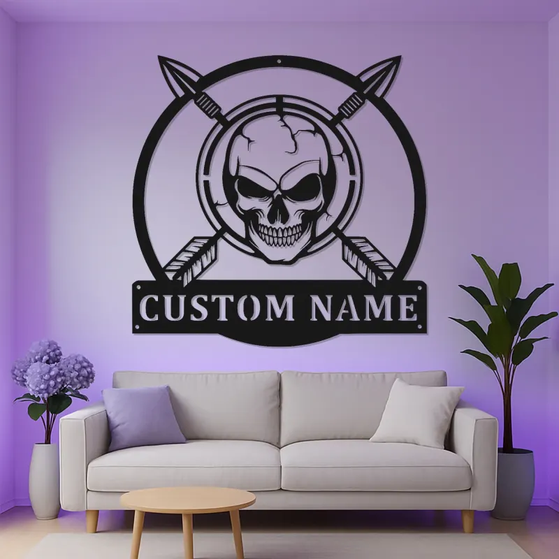 Panneau LED Crâne Chasseur Personnalisé | Décoration murale en métal pour chalet & homme cave | Cadeau chasseur avec flèches croisées