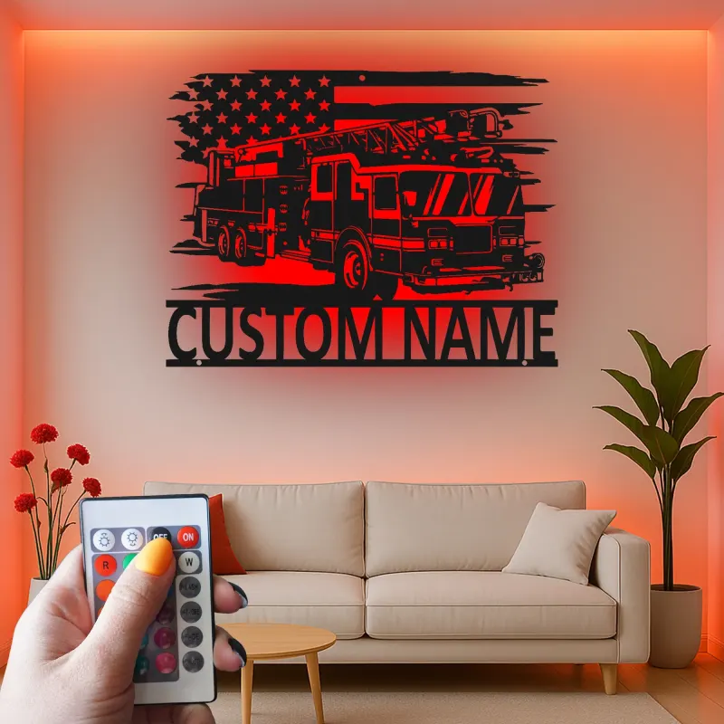 Enseigne personnalisée pour pompier en métal | Décoration murale LED camion de pompiers | Déco de caserne et cave à homme sur mesure | Cadeau pour pompier