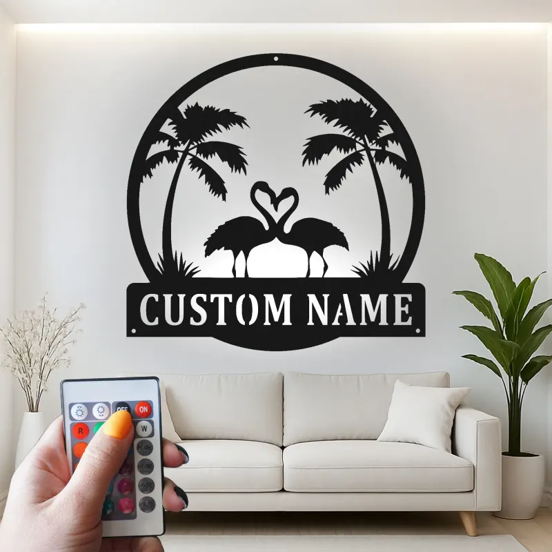 Panneau LED Couple Flamant Rose Personnalisé | Art mural en métal | Décor de maison de plage tropical pour cadeau d'anniversaire