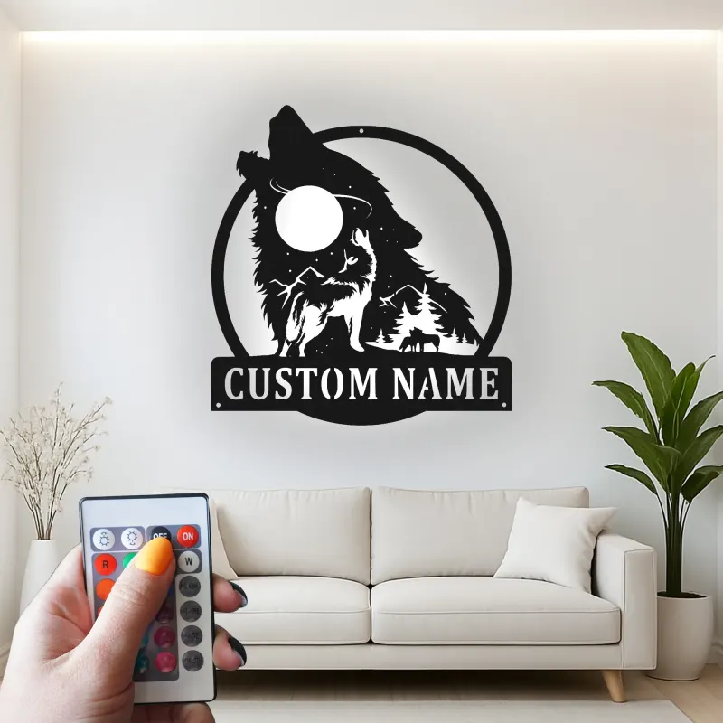 Custom Wolf Howling Led Light Metal Wall Art Personalized Gift for Nature Lovers Rustic Cabin Decor