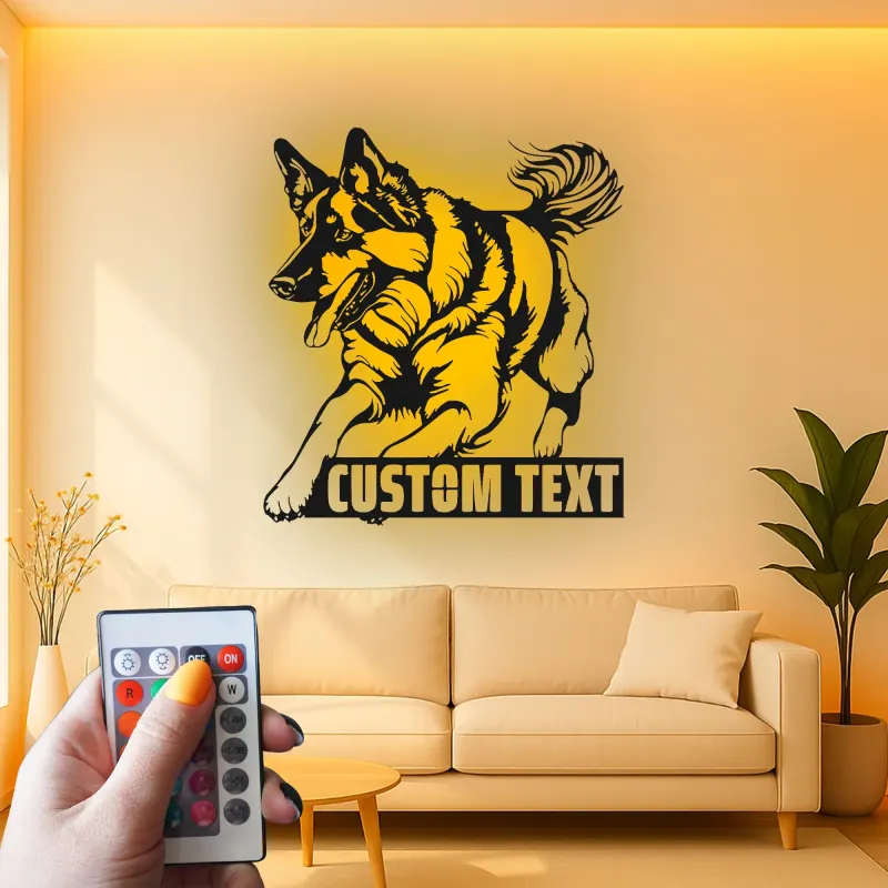 Arte da parete LED in metallo con Pastore Tedesco | Insegna personalizzata con nome del cane | Regalo commemorativo personalizzato per amanti dei cani