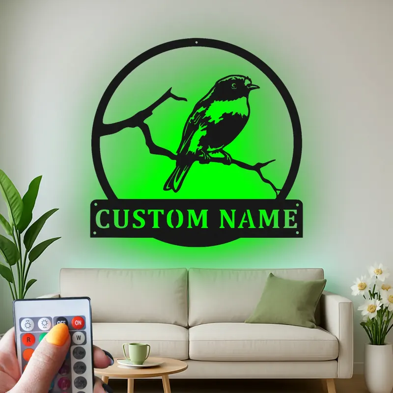 Custom Bird on Branch Led Light Metal Wall Art Personalized Nature Lover Gift Living Room or Garden Decor