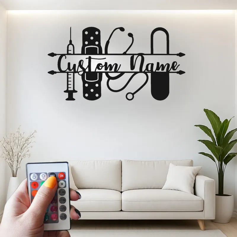 Personalized Nurse Name Sign with LED | Custom Medical Tools Metal Art | Clinic & Office Wall Decor | RN Graduation Gift