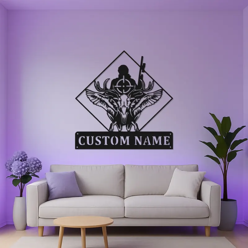 Enseigne LED personnalisée chasseur et crâne de cerf | Décoration murale en métal sur mesure pour chalet | Cadeau de chasse pour homme
