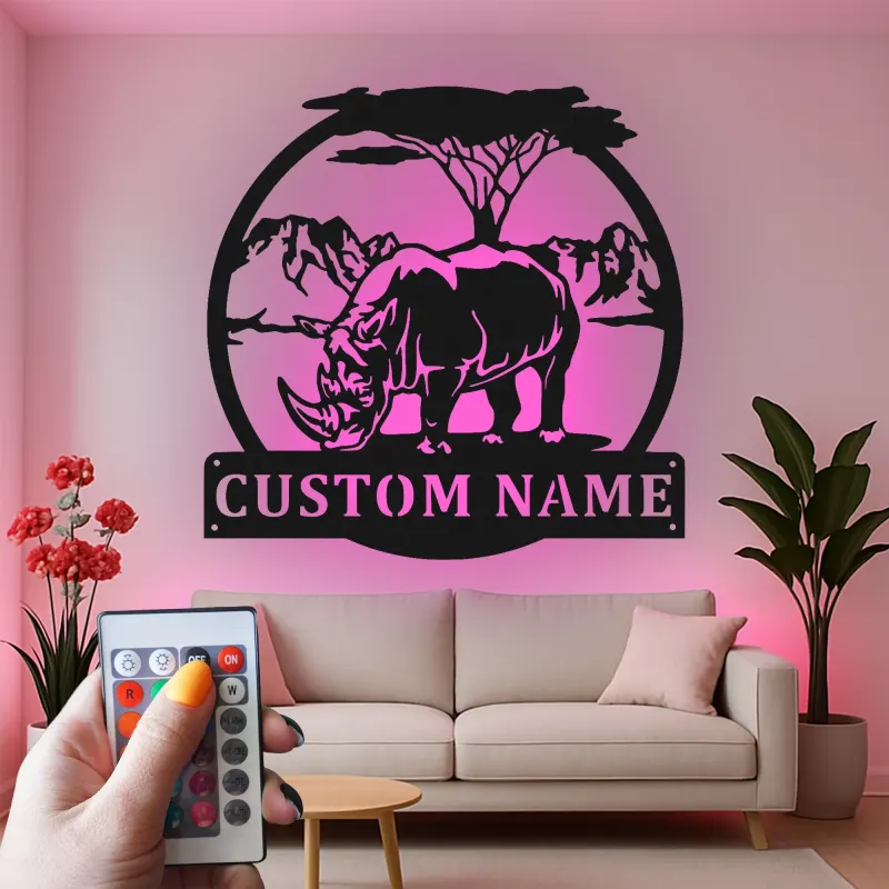 Insegna in metallo LED personalizzata a forma di rinoceronte | Arte da parete safari | Regalo personalizzato per amanti degli animali | Decorazione in acciaio illuminata