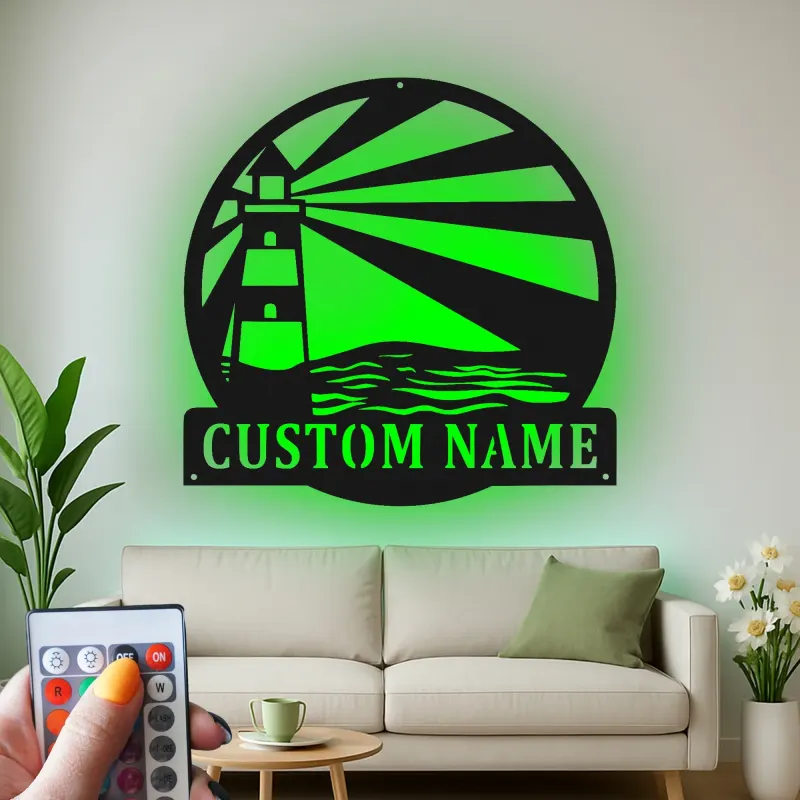 Personalized Lighthouse Metal Wall Art | Custom Name Sign with LED Light | Modern Coastal Decor for Beach House