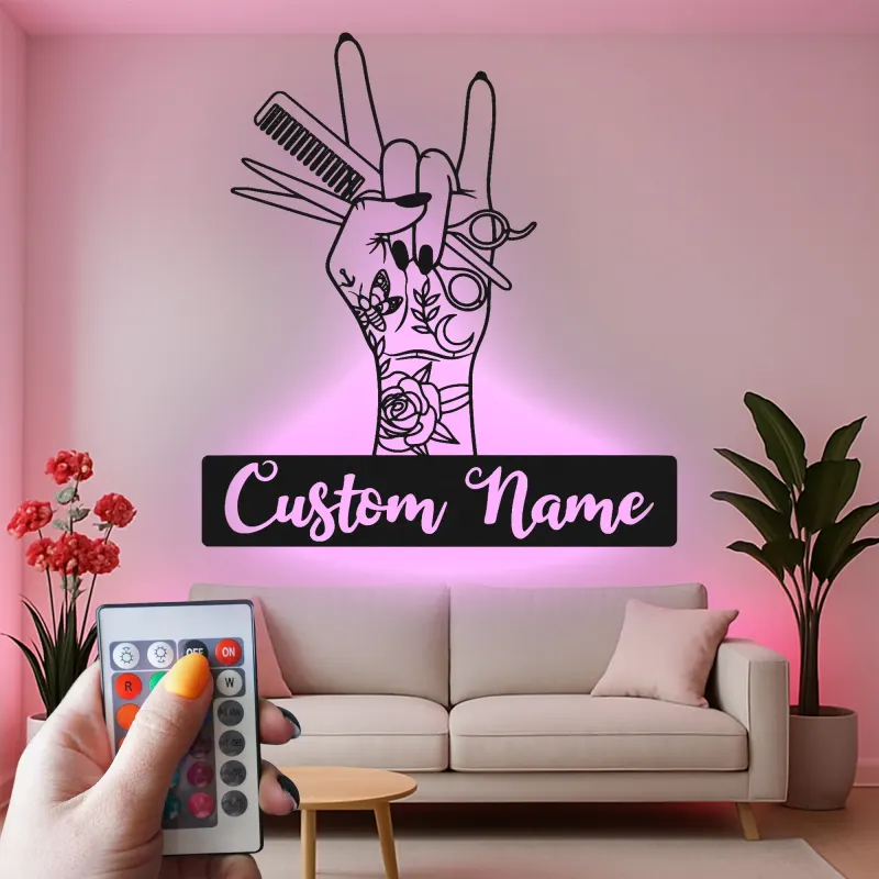 Enseigne LED en métal pour coiffeur | Décoration murale de salon personnalisée | Art sur mesure pour barber shop | Plaque nominative inspirée du tatouage