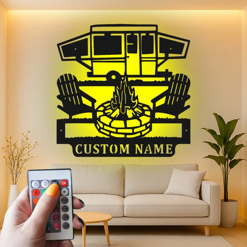Custom Camper and Firepit Led Light Metal Wall Art Personalized Camping Gift Outdoor Patio Decor