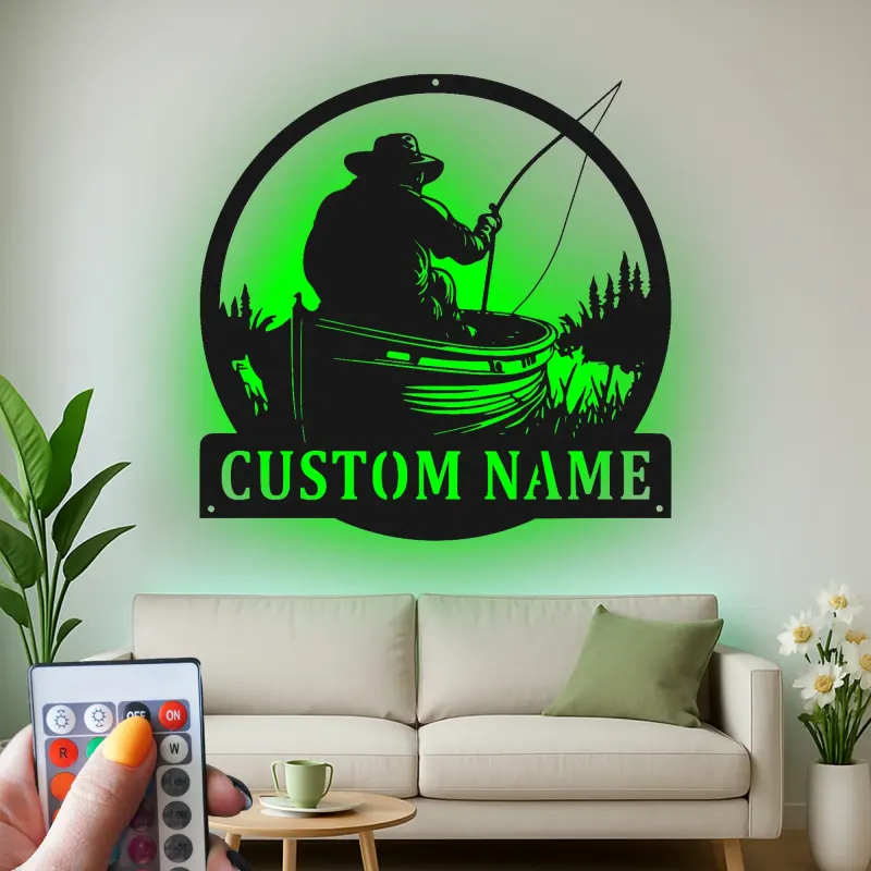 Insegna in metallo personalizzata per pescatore | Arte murale luminosa LED | Arredo pesca con nome su misura per casa al lago e pescatori