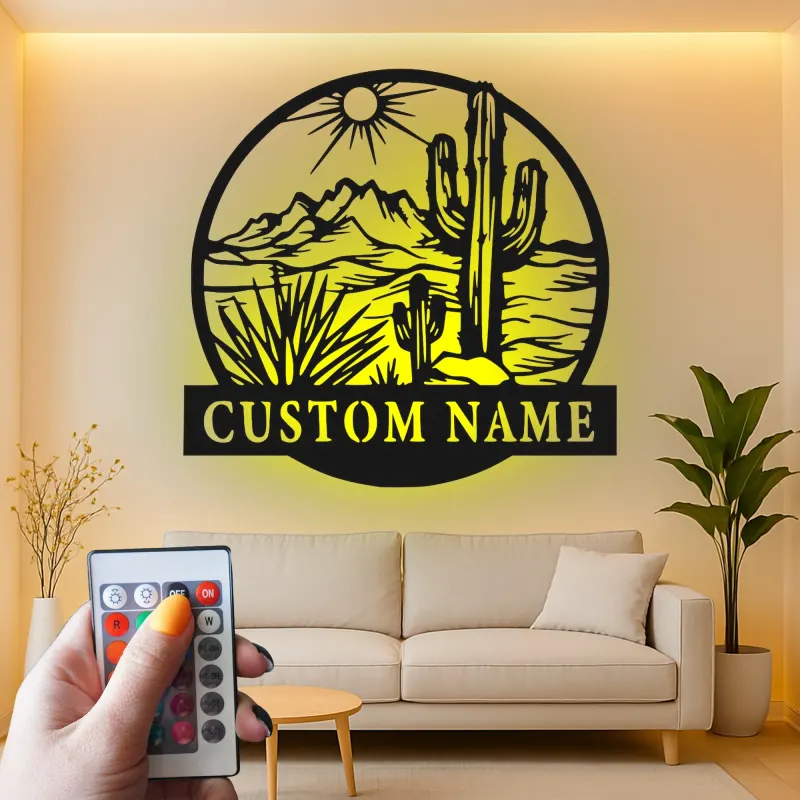 Personalisierte Wüstenkaktus-Wandkunst mit LED-Licht aus Metall – Southwest-Geschenk, Deko für Wohnzimmer oder Terrasse 1
