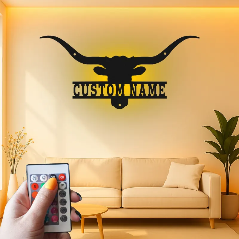 Décoration murale en métal personnalisée avec longhorn et rétroéclairage LED - Cadeau ranch, décoration western pour salon ou man cave