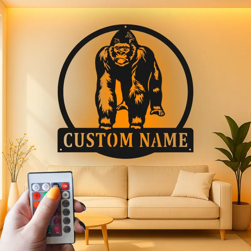Personalisiertes Gorilla-Metallschild | Individuelles LED-Namensschild | Dschungel-Tierdekoration für Büro & Wohnakzent