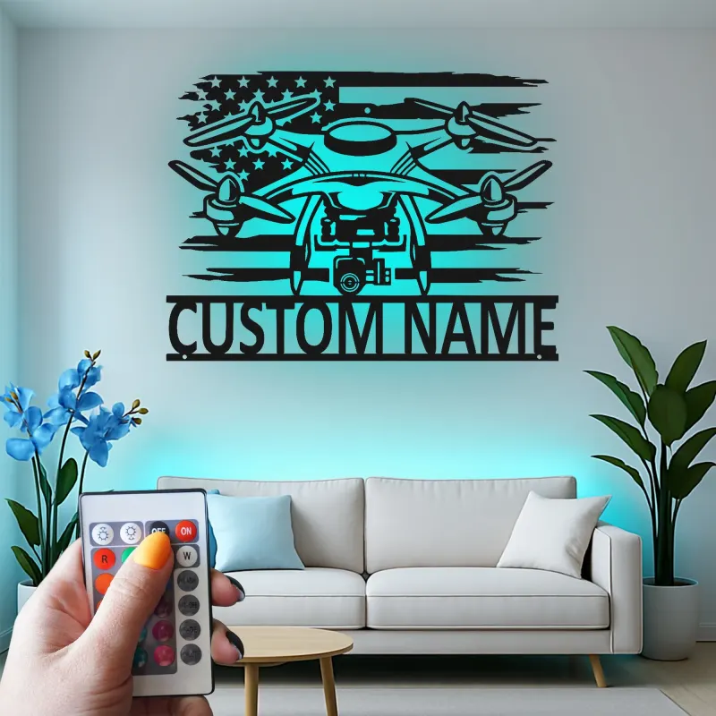 Custom Drone Led Light Metal Wall Art Personalized Gift for Drone Enthusiasts Man Cave or Office Decor