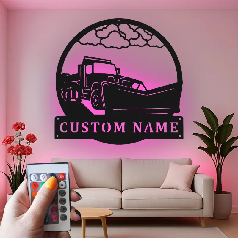 Snow Plow Truck Metal Sign | Custom LED Garage Wall Art | Personalized Gift for Driver | Heavy Duty Vehicle Decor