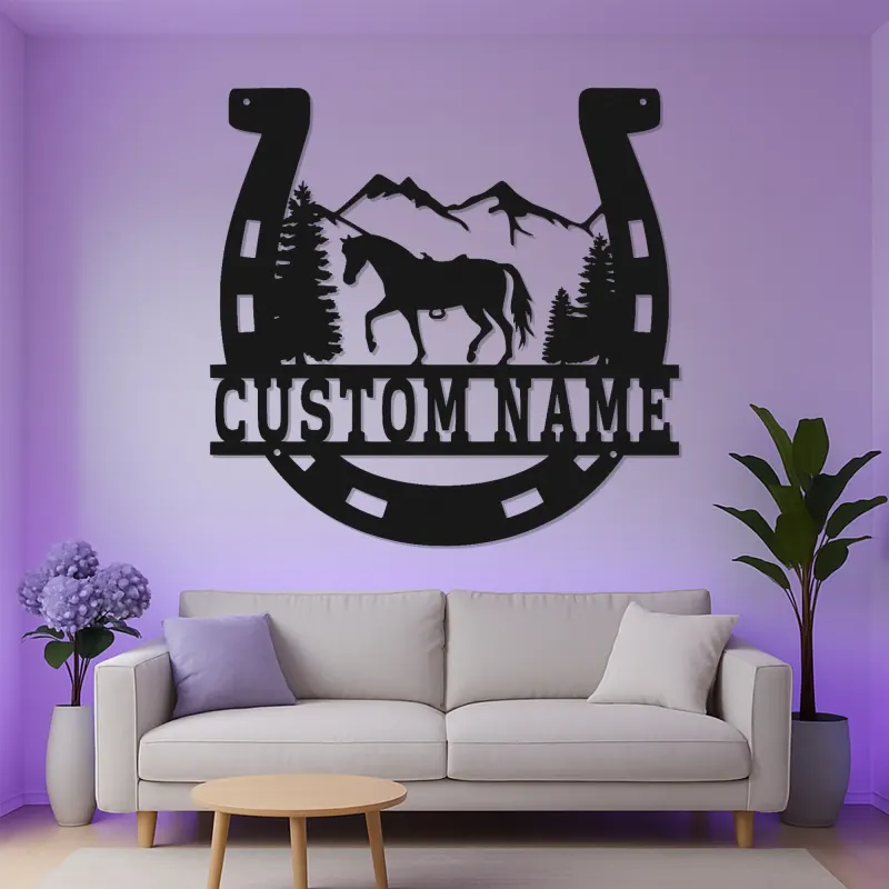 Insegna per Cavalli Personalizzata con LED | Insegna in Metallo a Forma di Ferradura | Decorazione Rustica per Ranch e Regalo Equestre