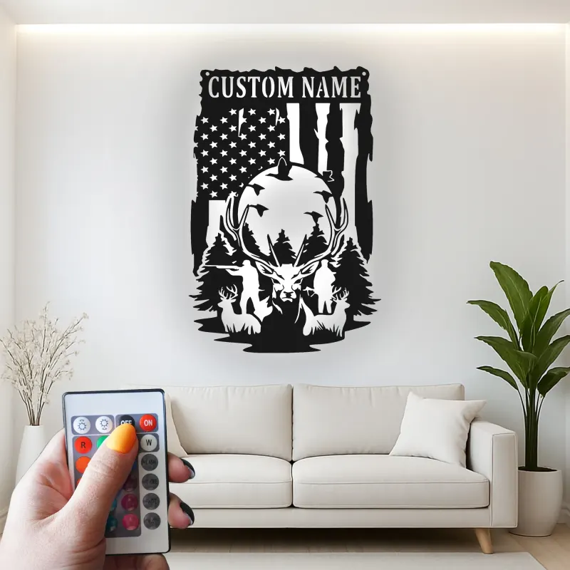 Décoration murale en métal personnalisée pour chasseurs de cerfs avec rétroéclairage LED - Cadeau personnalisé pour chasseurs - Décor de cabane rustique