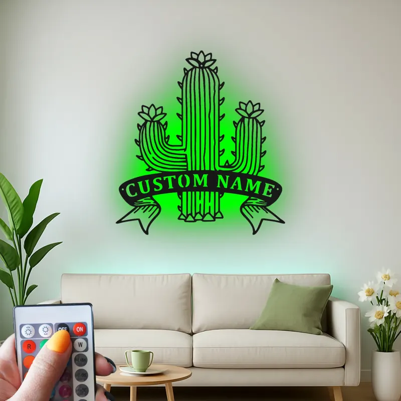 Insegna in metallo personalizzata con cactus e luce LED, regalo per amanti delle piante, decorazione per la casa in stile sud-ovest