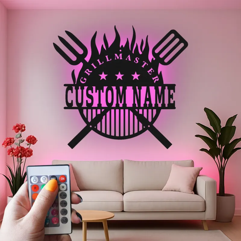 Personalized BBQ Metal Sign with LED | Custom Grillmaster Wall Art | Outdoor Patio Decor & Grilling Gift for Dad
