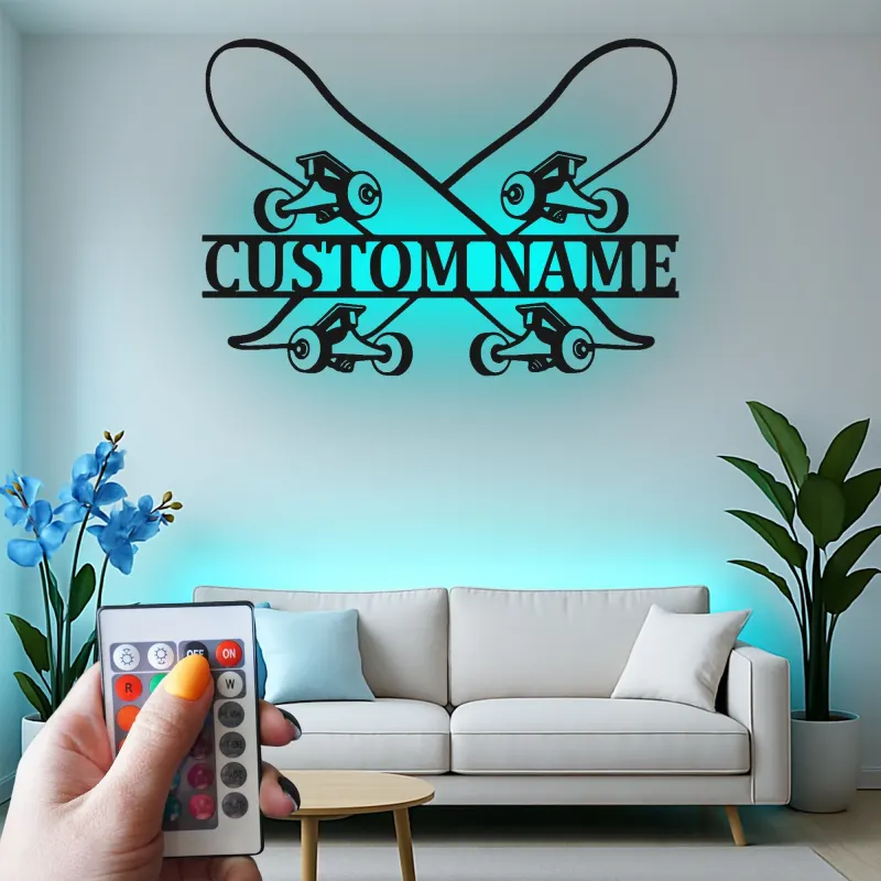 Panneau LED personnalisé avec skateboards croisés | Décoration murale skateur personnalisée | Déco chambre ado | Cadeau original pour board