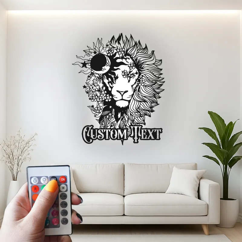 Lion Metal Wall Art with LED Light | Custom Floral Name Sign | Boho Celestial Wildlife Decor for Home & Office