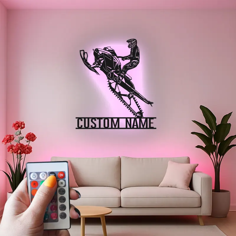 Panneau LED de Motoneige Personnalisé | Art Murale en Métal Personnalisé pour Motard | Décoration de Garage de Sports Extrêmes | Cadeau d'Aventure d'Hiver