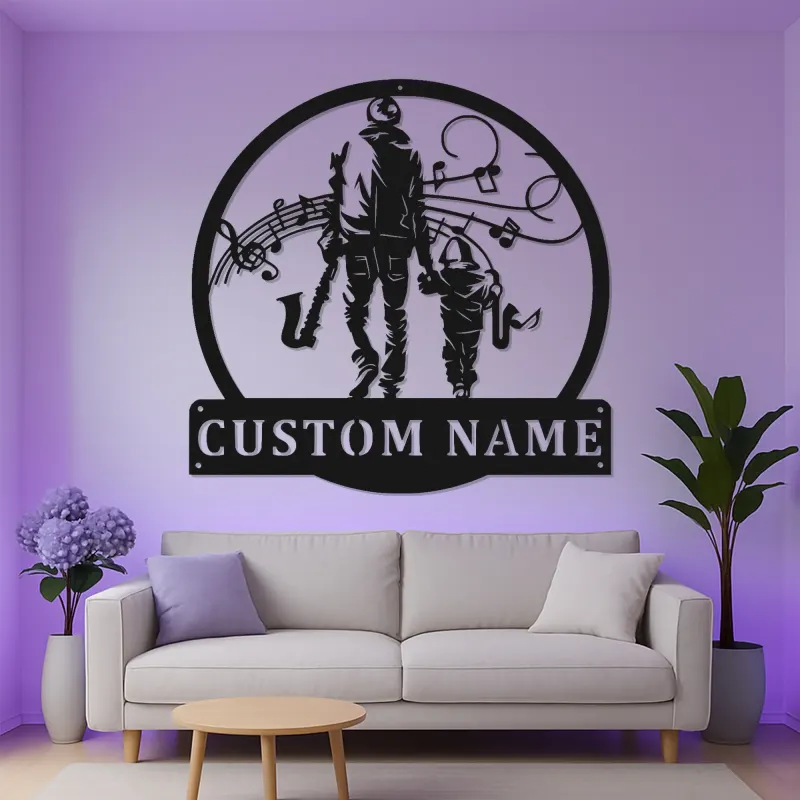Personalized Saxophone Player LED Sign | Custom Musician & Child Metal Wall Art | Music Room Decor | Gift for Dad