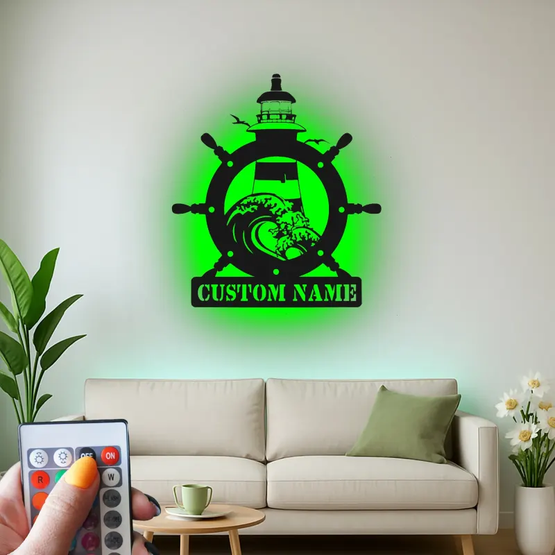 Cartel de metal de faro personalizado | Arte náutico LED personalizado | Decoración para casa de playa y salón