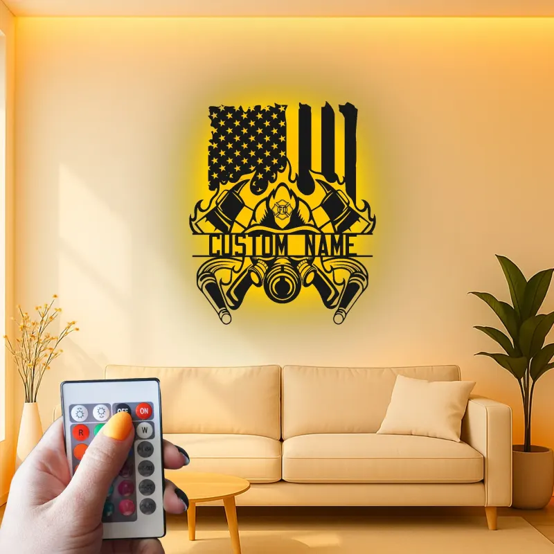 Panneau LED Personnalisé pour Pompier | Décoration Murale en Métal Personnalisée | Cadeau Patriote avec Drapeau Américain pour Pompier | Décor de Caserne de Pompiers