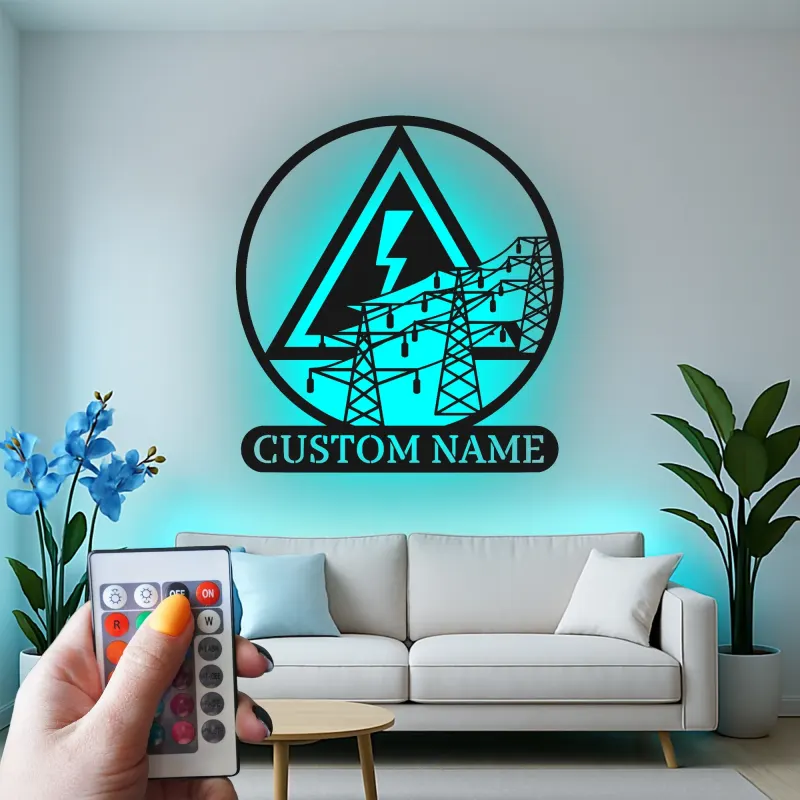 Art mural en métal LED d'électricien | Enseigne personnalisée de lineman avec lignes électriques | Décor industriel personnalisé pour bureau et garage