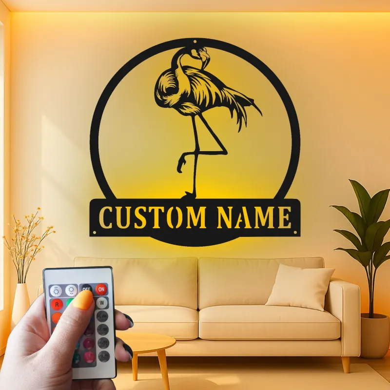 Arte mural de metal LED de flamenco | Cartel tropical personalizado para casa de playa | Decoración de ave Art Deco
