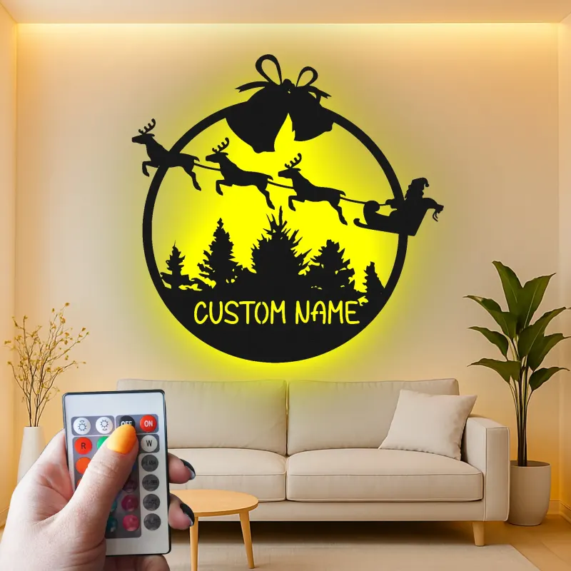 Cartel de metal LED personalizado de trineo de Santa regalo de Navidad para familias decoración festiva de sala de estar