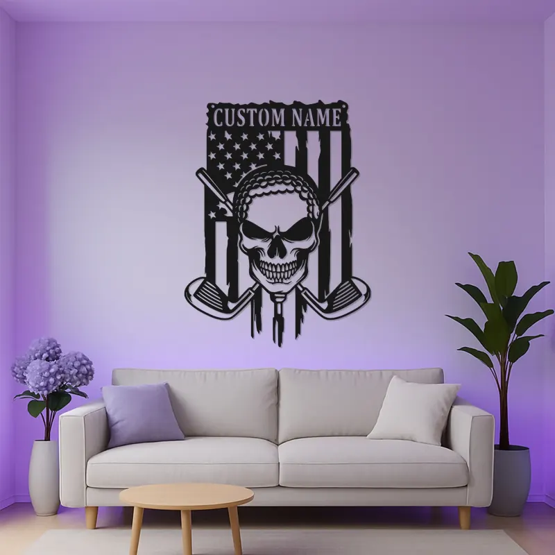 Insegna in metallo personalizzata con teschio da golf | Arte murale con luce LED | Decorazione da golf con nome personalizzato per man cave | Regalo per papà