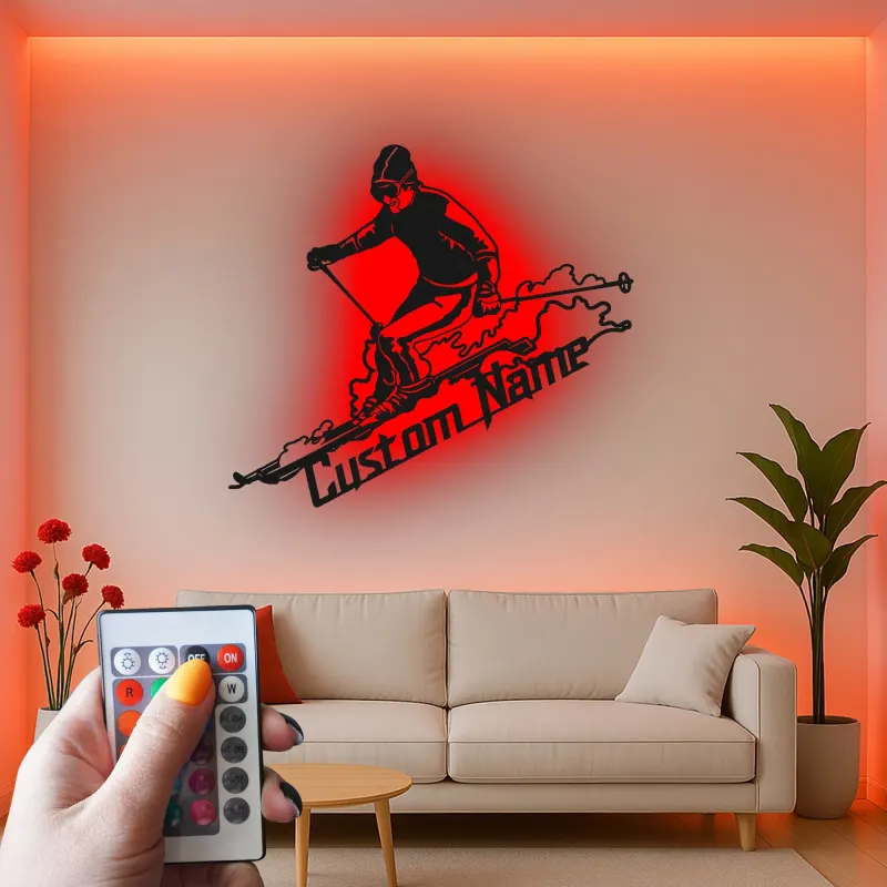 Custom Skier LED Metal Sign | Personalized Ski Lodge Decor | Illuminated Winter Sports Wall Art | Unique Athlete Gift