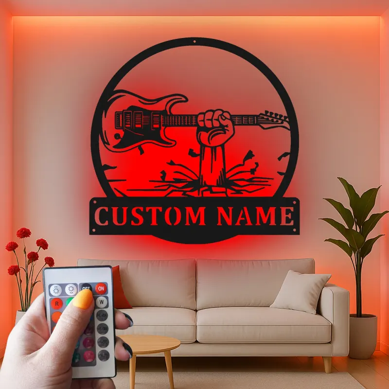 Individuelle Gitarren-LED-Metall-Wandkunst | Personalisierte Musiker-Namensschild | Dekoration für Musikzimmer, Studio & Männerhöhlen