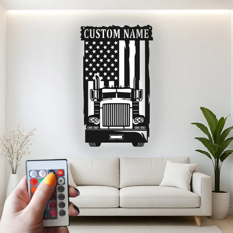 Insegna in metallo personalizzata con camion americano retroilluminato regalo per camionisti decorazione per garage o man cave